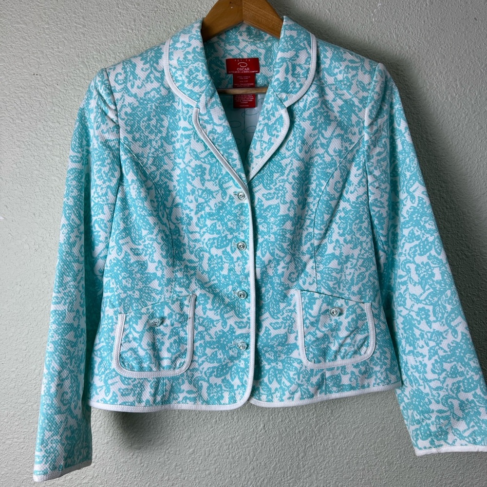 Oscar de La Renta Sz 12P Aqua White Floral Jacket-Crystal Acce